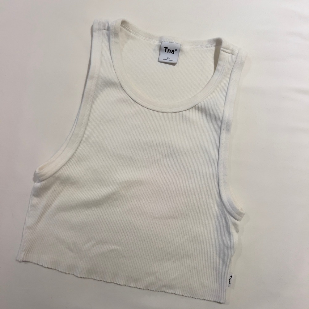 Tna Aritzia White Ribbed Cropped Tank Top Womens XS Raw Hem